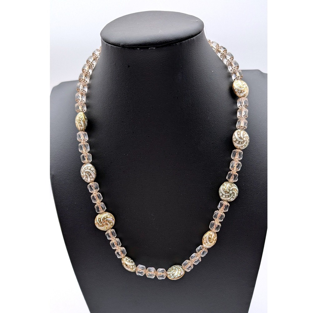 Gold Tone White Swirl Beaded Necklace Clear Cube Faceted Beads Boho